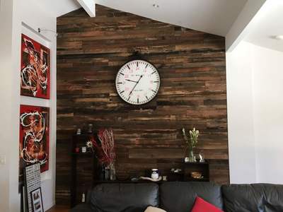 Timber feature wall in living room by Northern Rivers Recycled Timber - Artisan two board panels