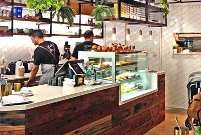 Cafe fit out using reclaimed, recycled Australian Hardwood Sleeper Panel in Gladesville NSW by Northern Rivers Recycled Timber