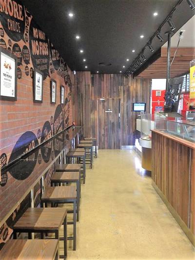 Takeaway store fitout in Geelong Victoria using reclaimed, recycled Australian Hardwood by Northern Rivers Recycled Timber.