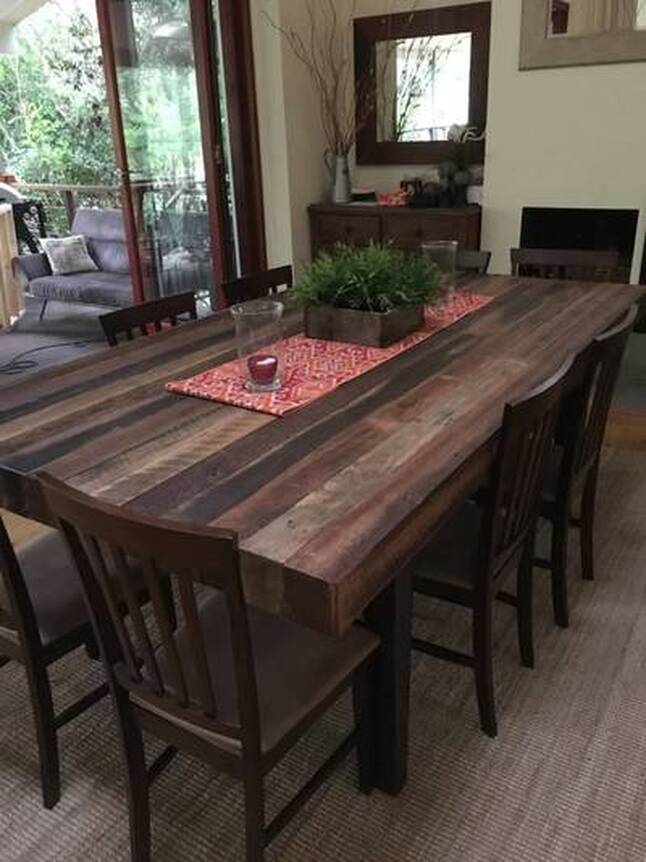 Skip sanded and wire brushed recycled hardwood timber for tables