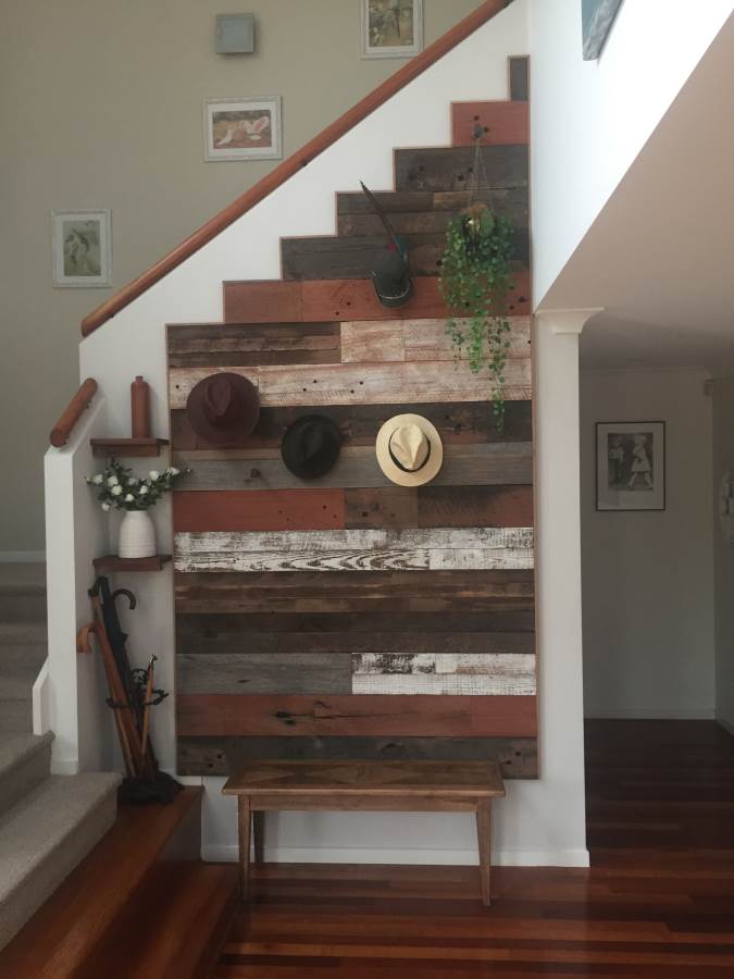 run of the mill recycled timber feature wall hat stand
