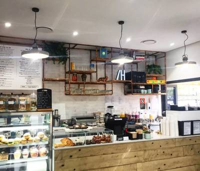 Cafe fit out in Eastern Creek using reclaimed, recycled Sleeper Panels by Northern Rivers Recycled Timber.