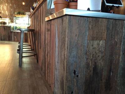 Cafe fit out using reclaimed, recycled sleeper panels in Parramatta Sydney by Northern Rivers Recycled Timber