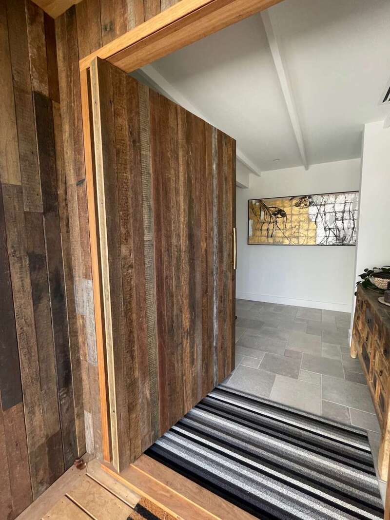 Recycled hardwood wall cladding front door