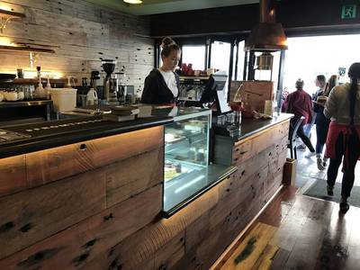 Cafe fit out using reclaimed, Australian Hardwood recycled sleeper panels in Cronulla Sydney NSW by Northern Rivers Recycled Timber